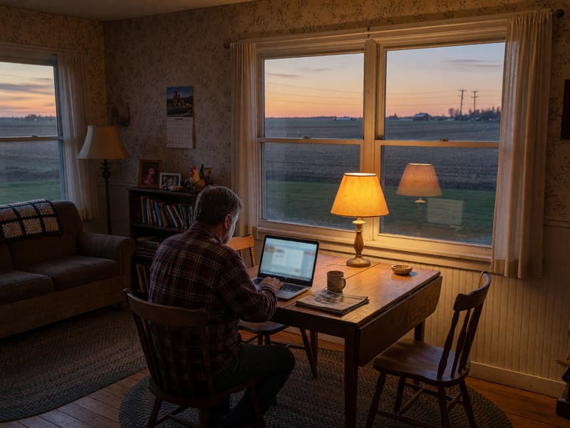 Someone at a wooden table working on a laptop by lamplight, dusk over the fields outside