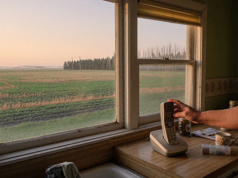 A hand reaching for a cordless phone on a farmhouse kitchen counter, fields outside the window